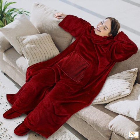 Comfortable and Luxurious Fleece Blanket with Sleeves And Foot Pockets For Women Men