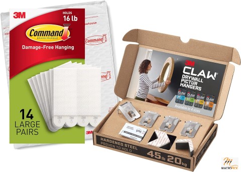 Command & 3M CLAW Picture Hanging Set - Large Picture Hanger with Drywall Picture Hangers, Holds 45 lb, 14 Pairs (28 Strips)