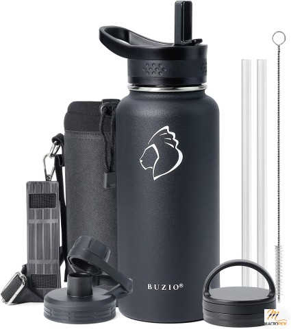 Stainless Steel Insulated Water Bottle, 40 oz, with Straw Lid, Vacuum Sealed, Hot/Cold, Carry Pouch, Black