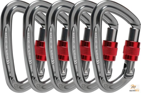 5-Pack 25kN 5600lb Climbing Carabiners, Screw Gate D Shape, Locking Carabiners