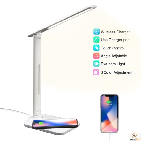 10W LED Desk Lamp with phone Wireless Charger, USB Charging Port, Dimmable Eye-Caring Office Lamp for Work, Folding Design