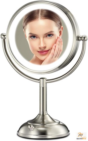 Professional 8.5" Lighted Makeup Mirror with 3 Color Lights, 1X/10X Magnification, Dimmable LED Lights, Pearl Nickel