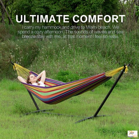 PNAEUT Double Hammock with Space Saving Steel Stand Included 2 Person Heavy Duty