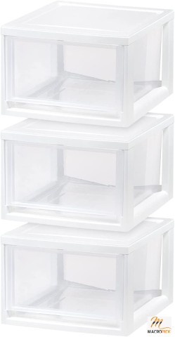 3 Pack USA Stackable Storage Drawer, Size (14.5 Qt), Plastic Drawer Organizer with Clear Doors - White