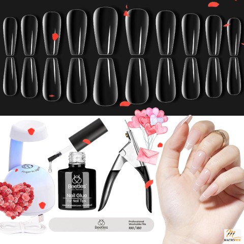 5-in-1 Beetles Gel Nail Kit: Easy Nail Extensions with Pre-shaped Medium Coffin Tips, LED Lamp, Acrylic Clipper - Perfect Nail Art Gift for Women