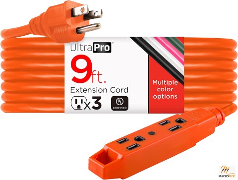 UltraPro Extension Cord, 3-Outlet Power Strip, Double Insulated, Grounded, Heavy Duty, 16 Gauge, General Purpose