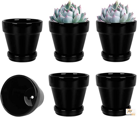 6 Pack Small Ceramic Plant Pot - 4 Inch Black Pot for Plant with Saucer