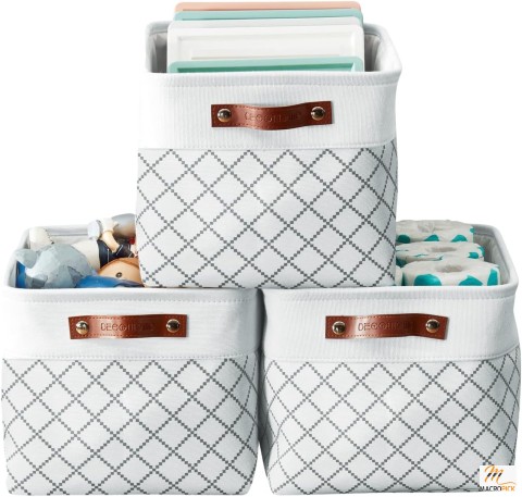 3 Pcs Large Fabric Storage Basket for Shelves | Closet Organizers with Handles Cubes By DECOMOMO | Check White