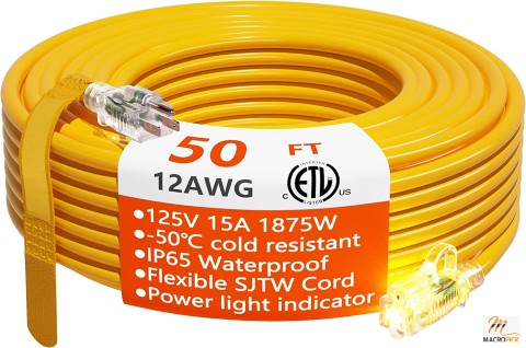 12/3 Gauge Heavy Duty Outdoor Extension Cord Waterproof with Lighted End,