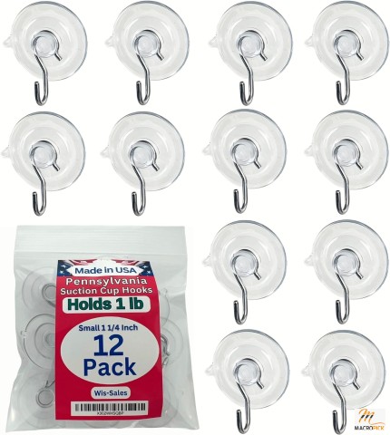 Wis-Sales Glass Window Small 1 1/4-inch Pennsylvania Heavy Duty Suction Cup Hooks | 12 Pack, ( Holds 1LB )
