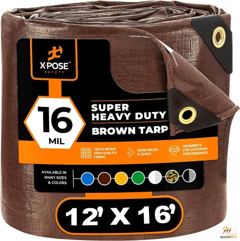 Xpose Safety 16 Mil UV Resistant Heavy Duty Brown Poly Tarp Cover | Extra Thick Waterproof & Strong, 12' x 16'