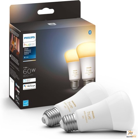 60W E26 800LM Hue Smart A19 LED Bulb By Philips, Works with Alexa, Google Assistant, 2 Pack- White