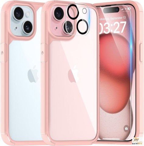 Not Yellowing 5 In 1 Slim Phone Case for iPhone 15, 2X Screen Protectors + 2X Camera Lens Protectors, Pink