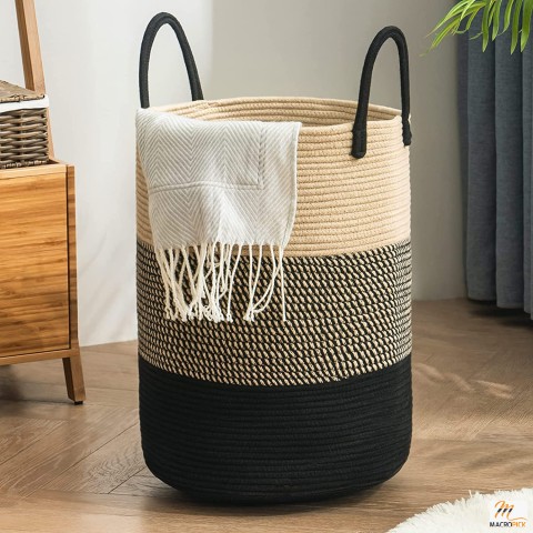 Long Handled Multi-Color Large Storage Woven Rope Laundry Basket Clothes Hamper for Laundry in Bedroom