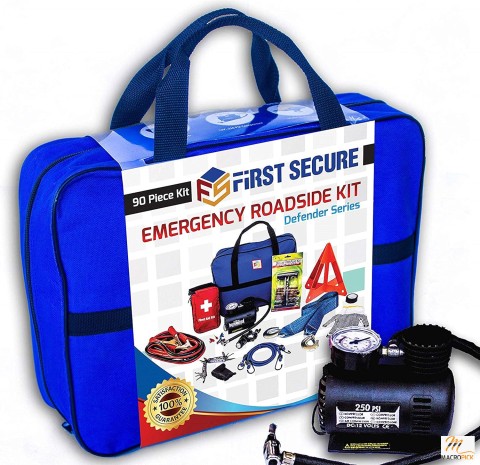 Ultimate 90 Pcs Car Emergency Roadside & First-Aid Kit By First Secure, Long Lasting Emergency Tool Kit