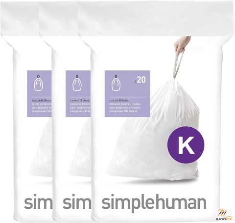 Code K Drawstring Trash Bags By Simple Human, 35-45 Liter Trash bags, Dispenser Packaging, 60 Count, white