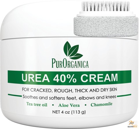PurOrganica Urea 40% Foot Cream, With Pumice Stone & Brush, For Cracked, Rough, Thick & Dry Skin, Feet & knees