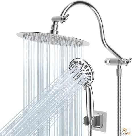 10'' High Pressure Handheld Showerhead Combo with Adjustable Curved Extension Arm, 7-Spray Settings, 71'' Hose