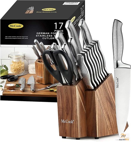 Stainless Steel Kitchen Knife Block Set with Built-in Sharpener