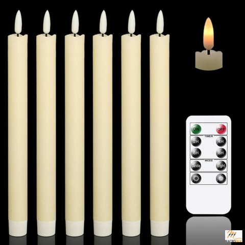 Flameless Ivory Taper Candles: 6-Pack with Remote, Battery Operated LED Warm Light, Real Wax - Christmas Wedding Decor
