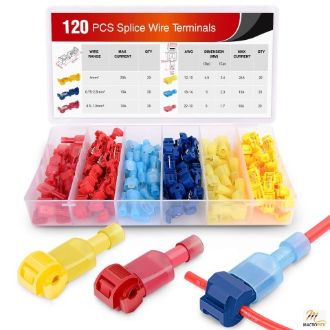 120 Pcs/60 Pairs Quick Splice Wire Terminals: T-Tap Self-Stripping, Nylon Fully Insulated Male Quick Disconnects Kit (50004R)